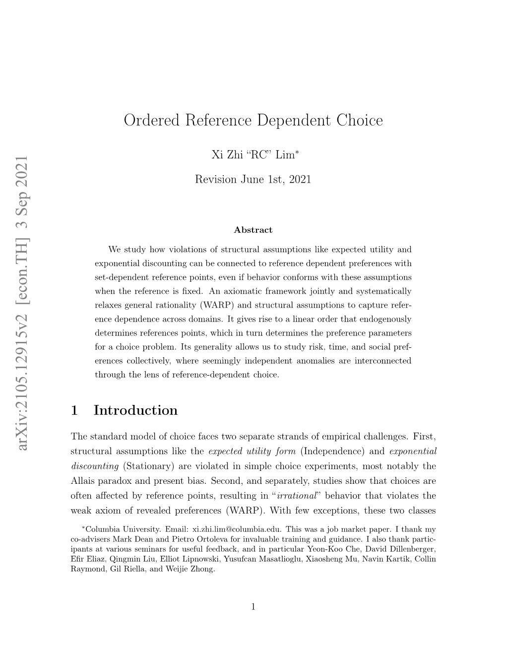 Ordered Reference Dependent Choice Arxiv:2105.12915V1 [Econ