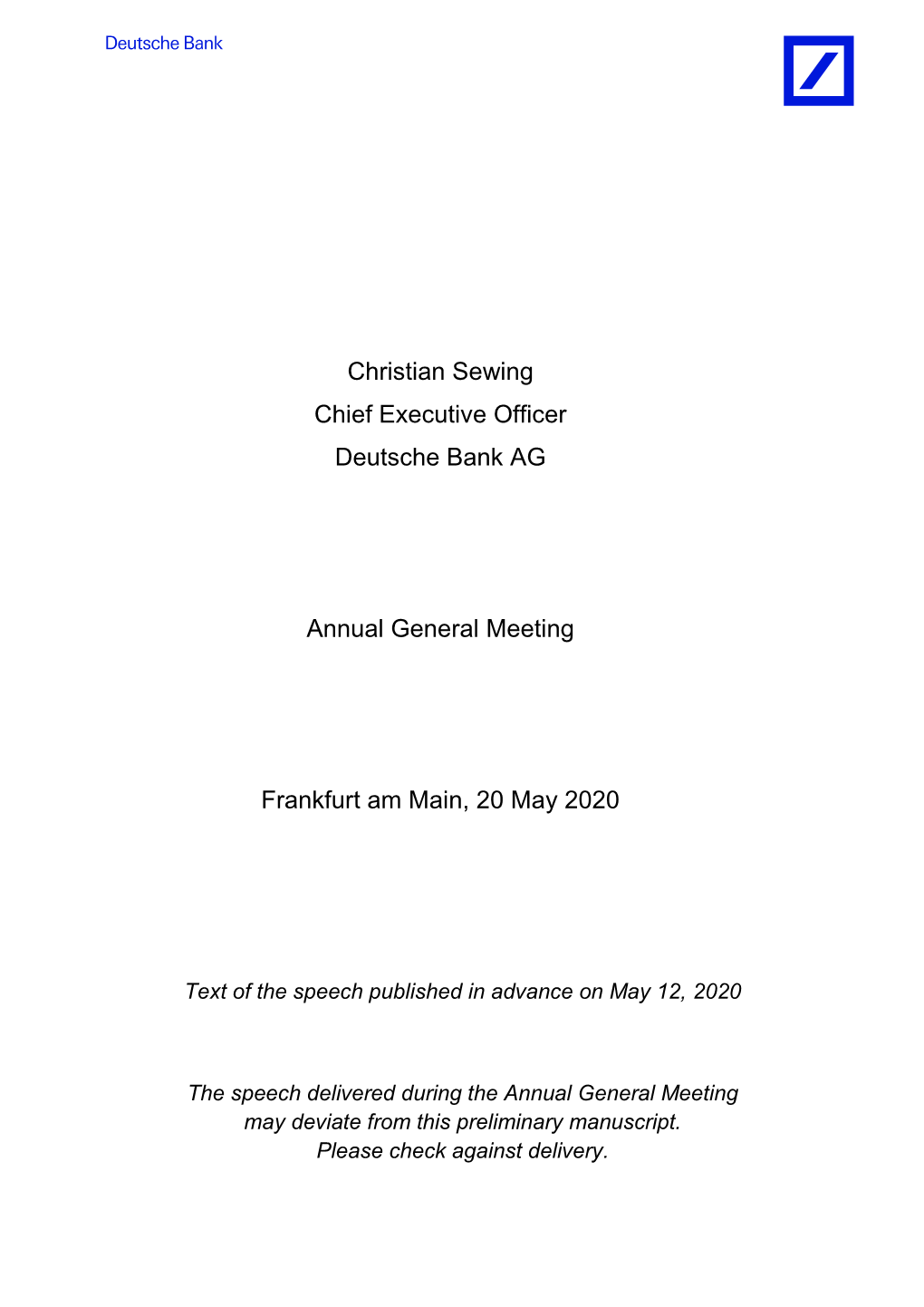 Christian Sewing Chief Executive Officer Deutsche Bank AG Annual