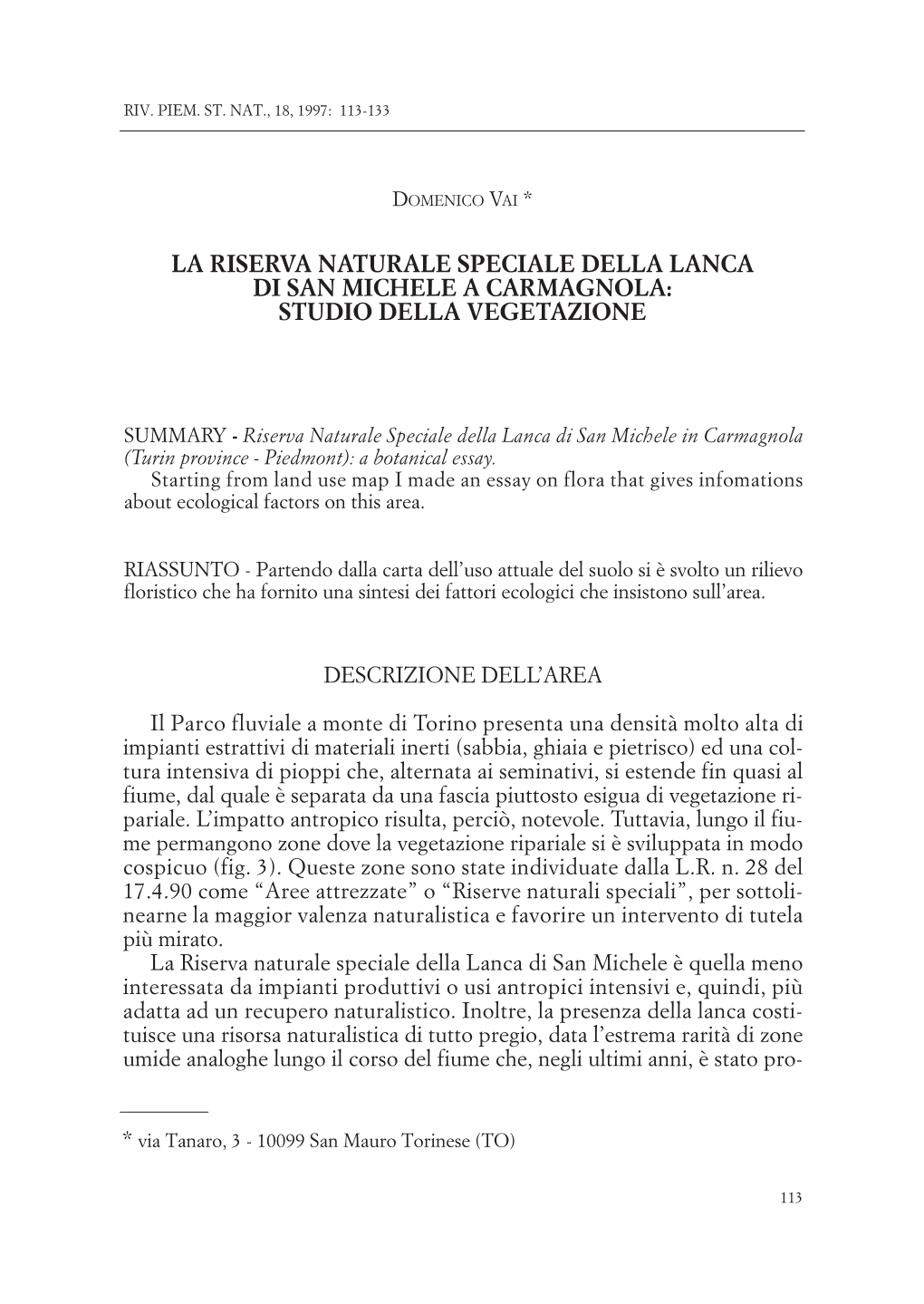 La Riserva Naturale Speciale Della Lanca Di San Michele a Carmagnola: Studio Della Vegetazione