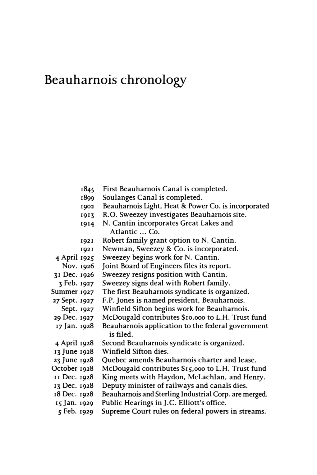 Beauharnois Chronology