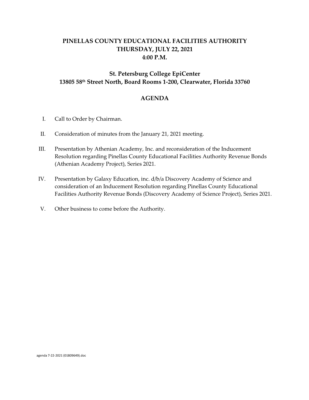 Educational Facilities Authority Meeting Agenda