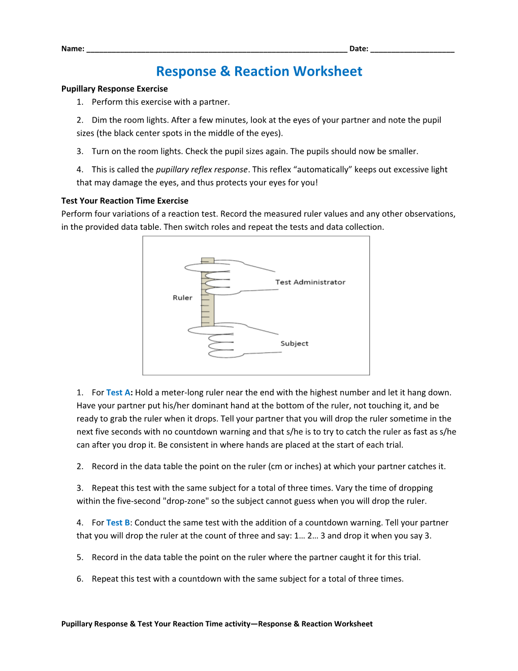 Response & Reaction Worksheet