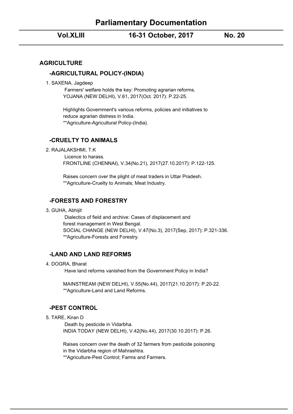 Parliamentary Documentation Vol.XLIII 16-31 October, 2017 No
