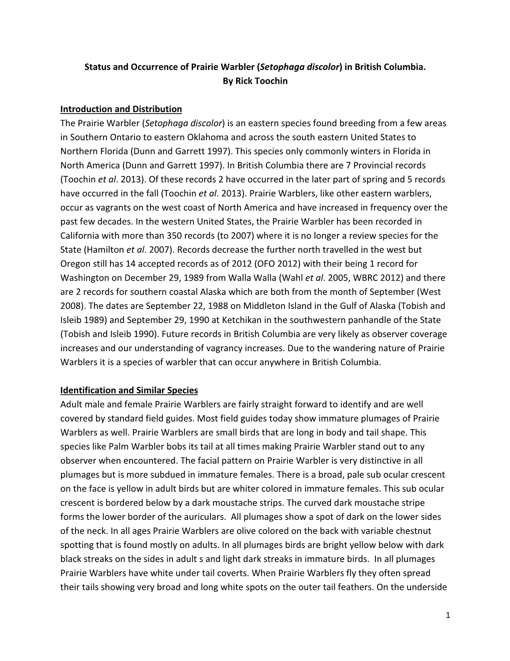 Status and Occurrence of Prairie Warbler (Setophaga Discolor) in British Columbia