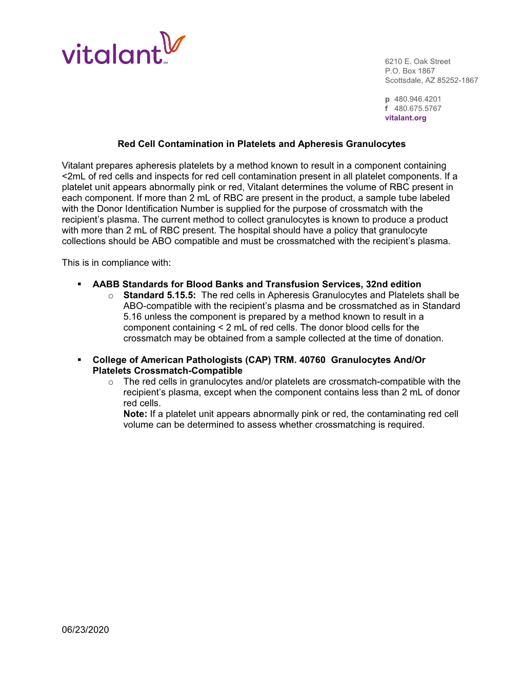 Vitalant | Red Cell Contamination in Platelets and Apheresis Granulocytes