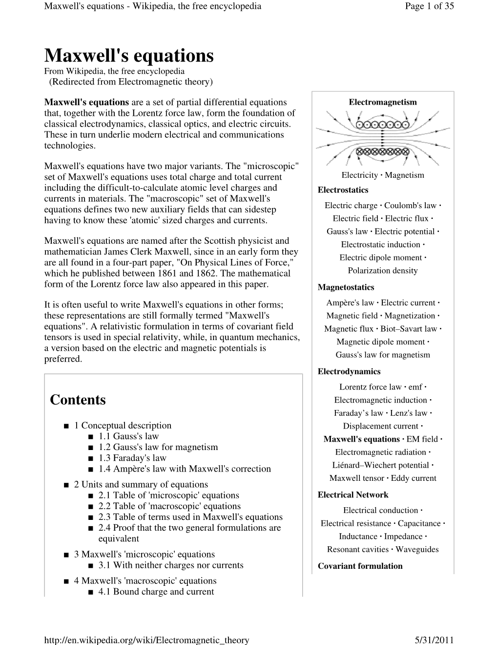 Maxwell's Equations - Wikipedia, the Free Encyclopedia Page 1 of 35