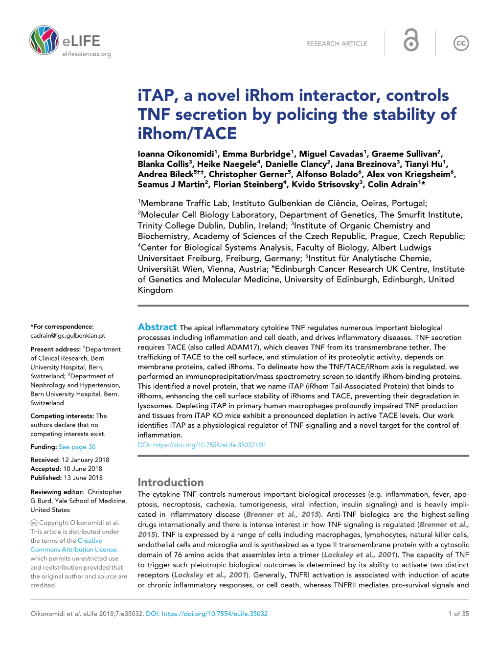 Itap, a Novel Irhom Interactor, Controls TNF Secretion by Policing