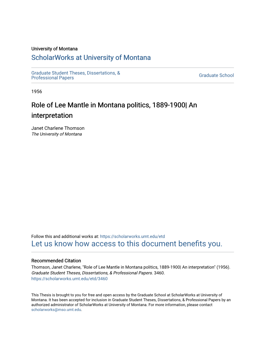 Role of Lee Mantle in Montana Politics, 1889-1900| an Interpretation