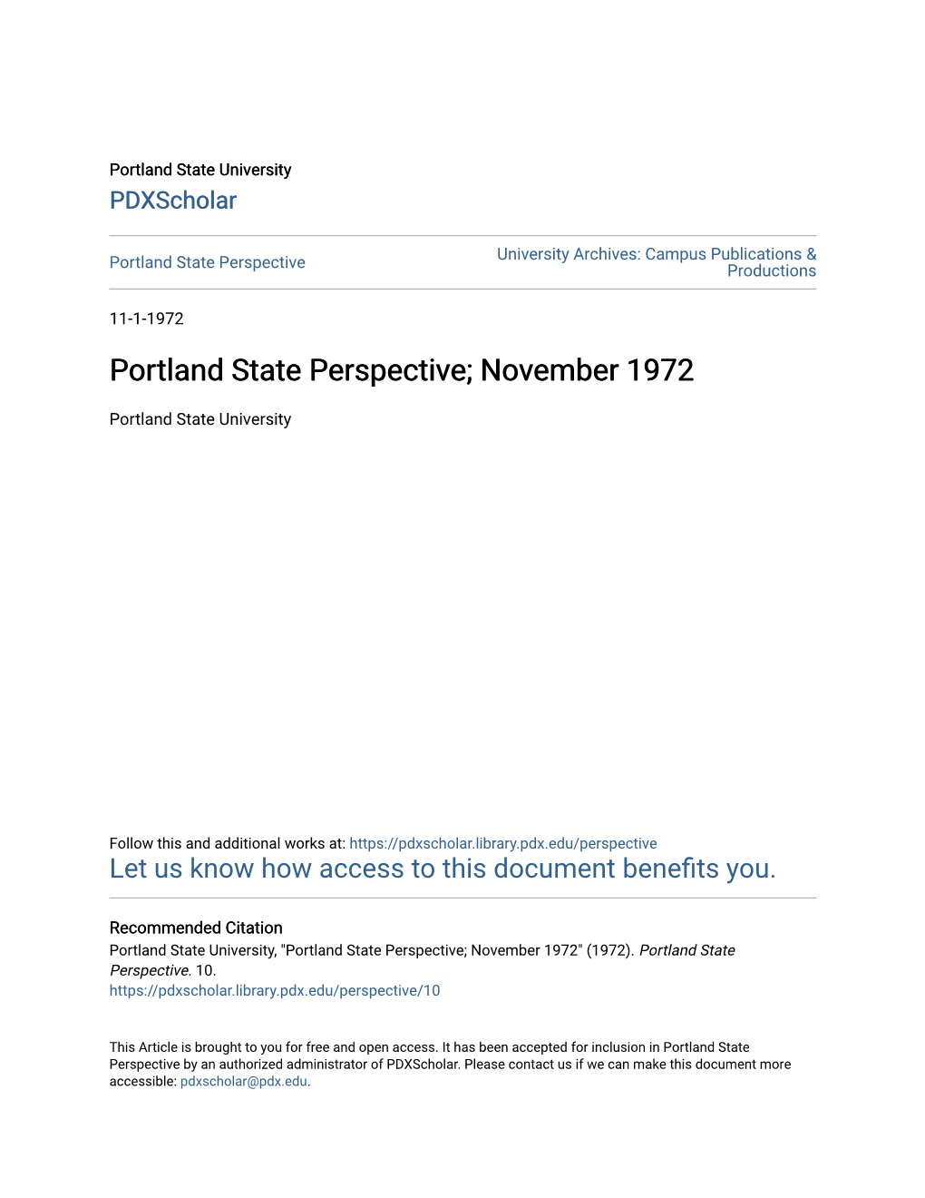 Portland State Perspective; November 1972