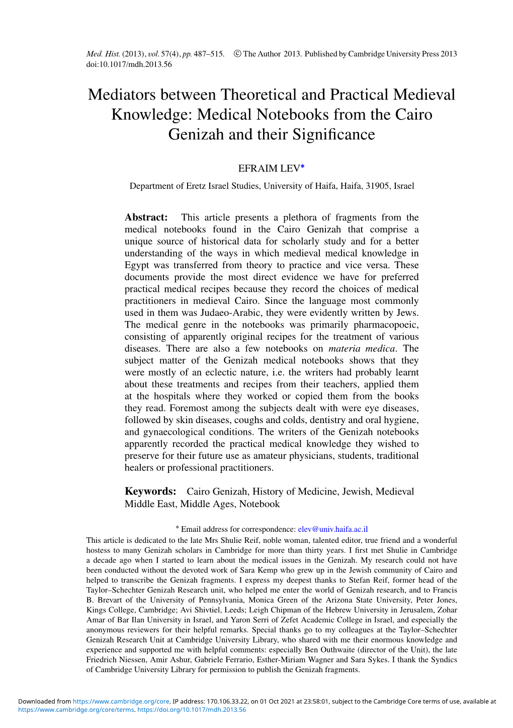 Mediators Between Theoretical and Practical Medieval Knowledge: Medical Notebooks from the Cairo Genizah and Their Signiﬁcance