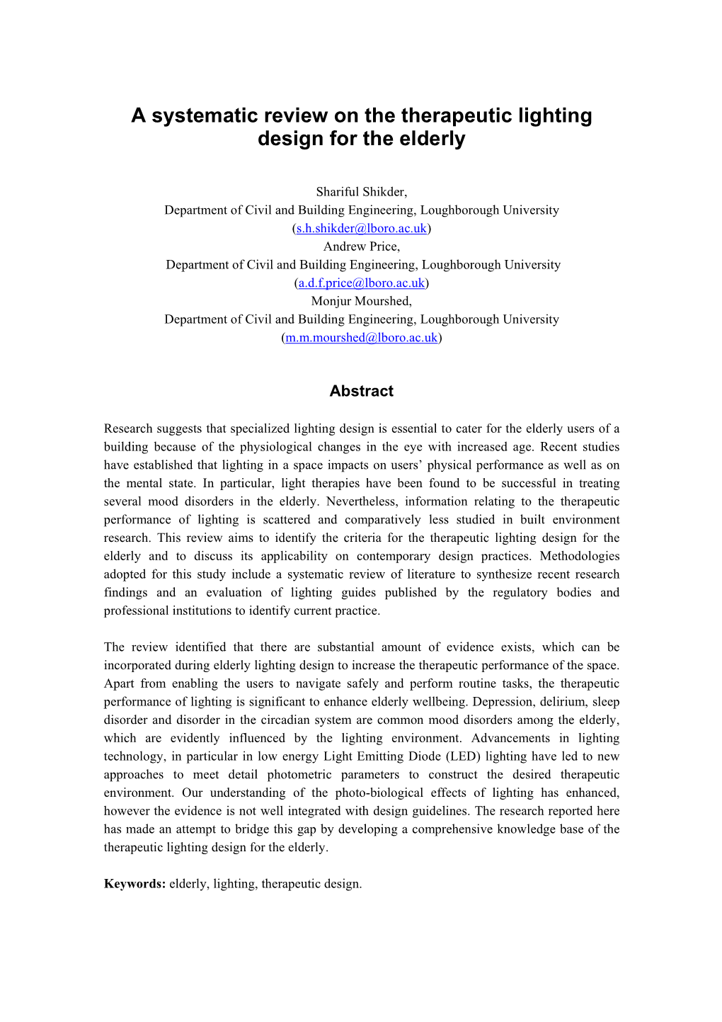 A Systematic Review on the Therapeutic Lighting Design for the Elderly