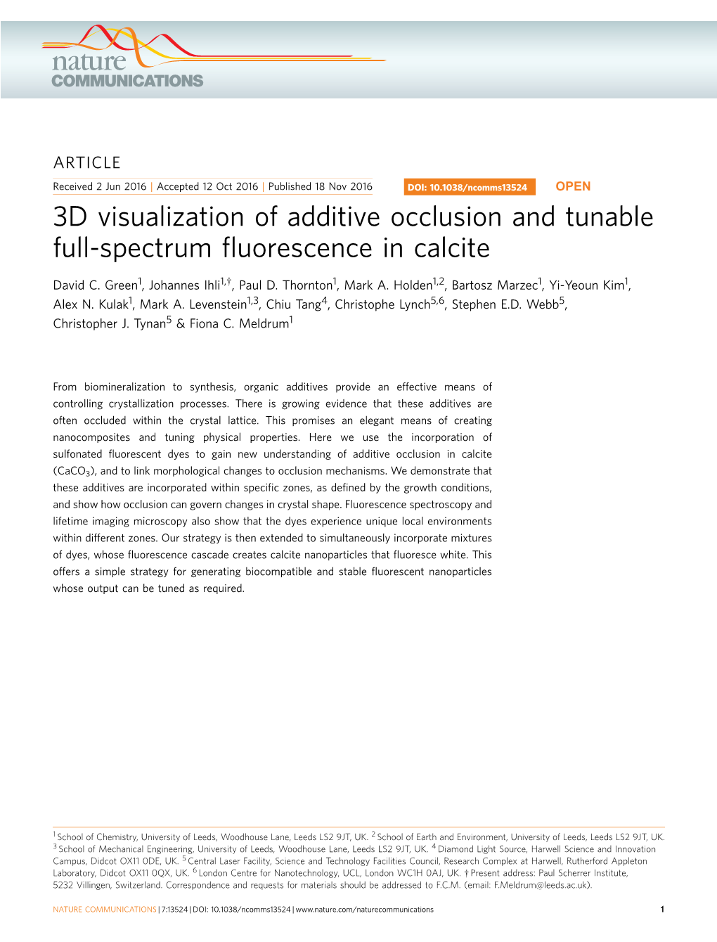 3D Visualization of Additive Occlusion and Tunable Full-Spectrum ﬂuorescence in Calcite