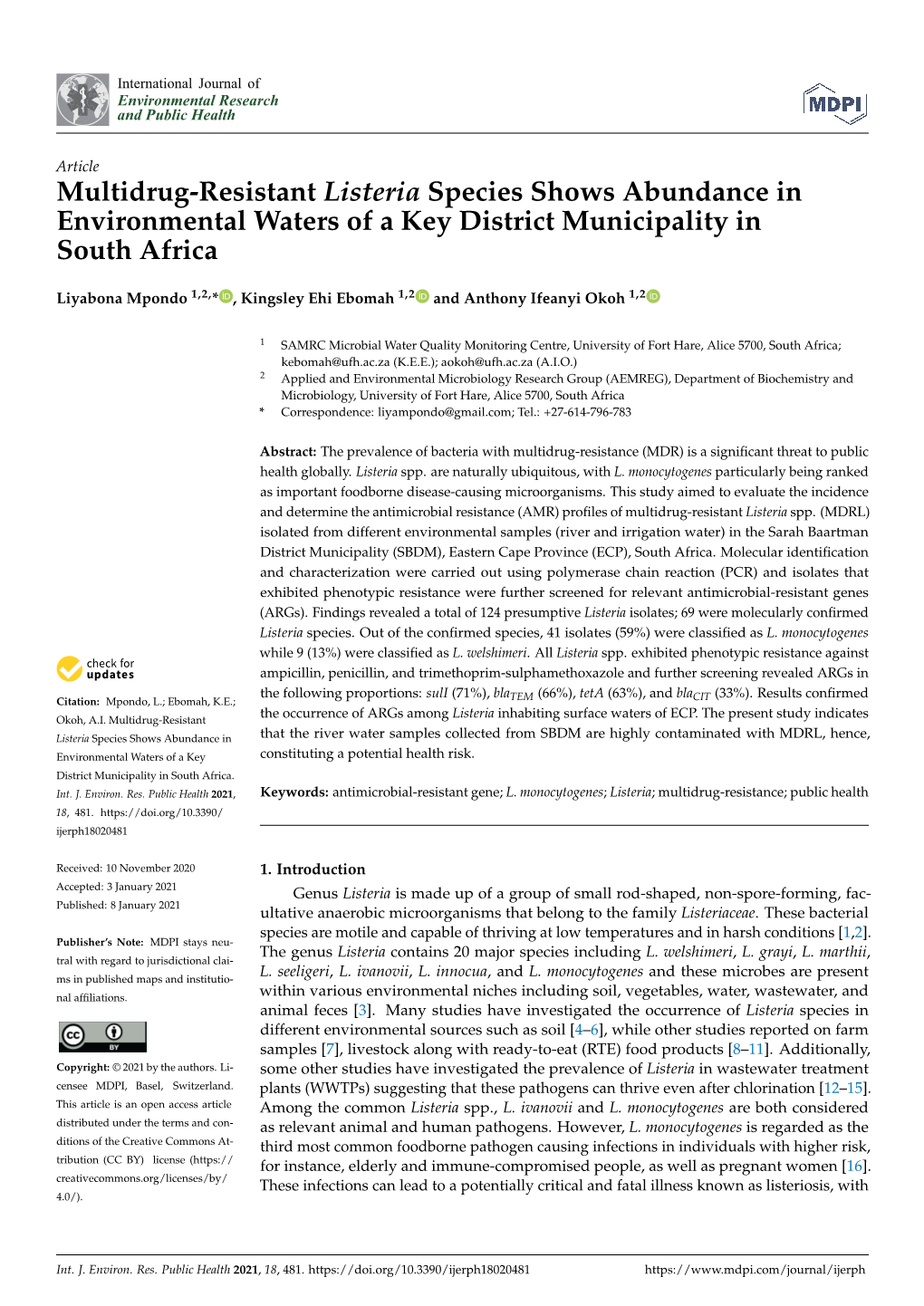 Multidrug-Resistant Listeria Species Shows Abundance in Environmental Waters of a Key District Municipality in South Africa
