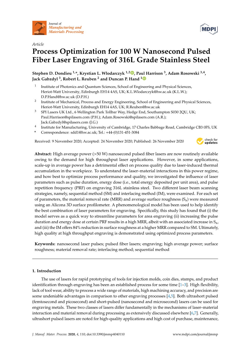 Process Optimization for 100 W Nanosecond Pulsed Fiber Laser Engraving of 316L Grade Stainless Steel