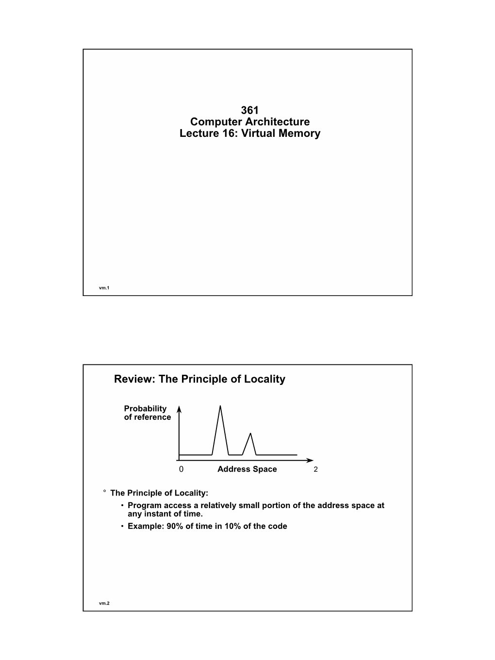 361 Computer Architecture Lecture 16: Virtual Memory Review: the Principle of Locality