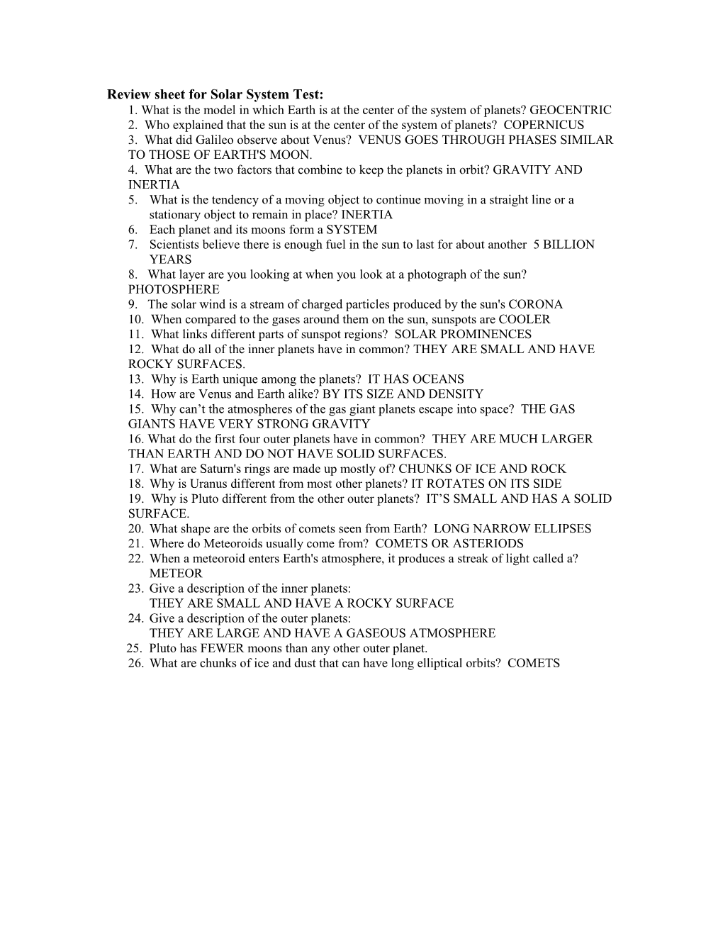 Review Sheet for Solar System Test