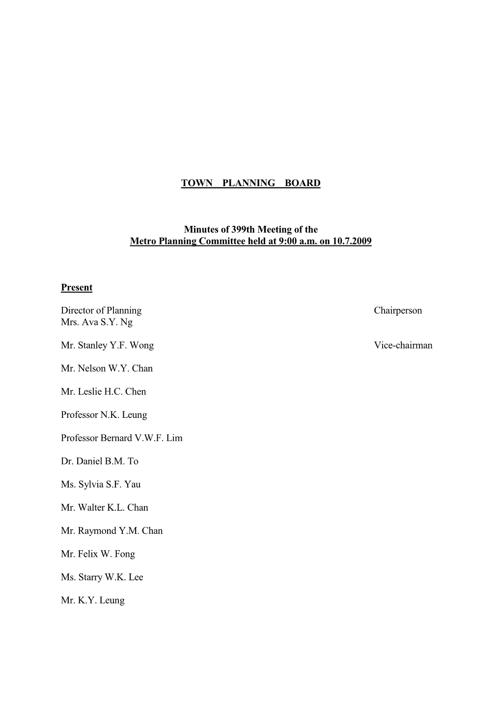 TOWN PLANNING BOARD Minutes of 399Th Meeting of the Metro