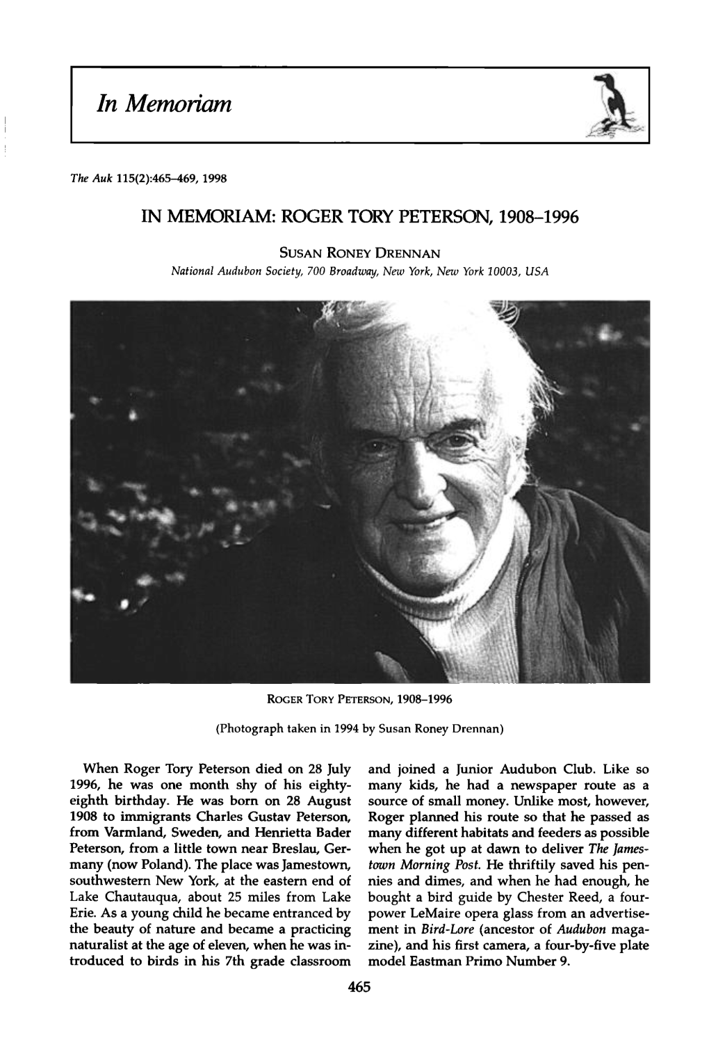 In Memoriam: Roger Tory Peterson, 1908-1996