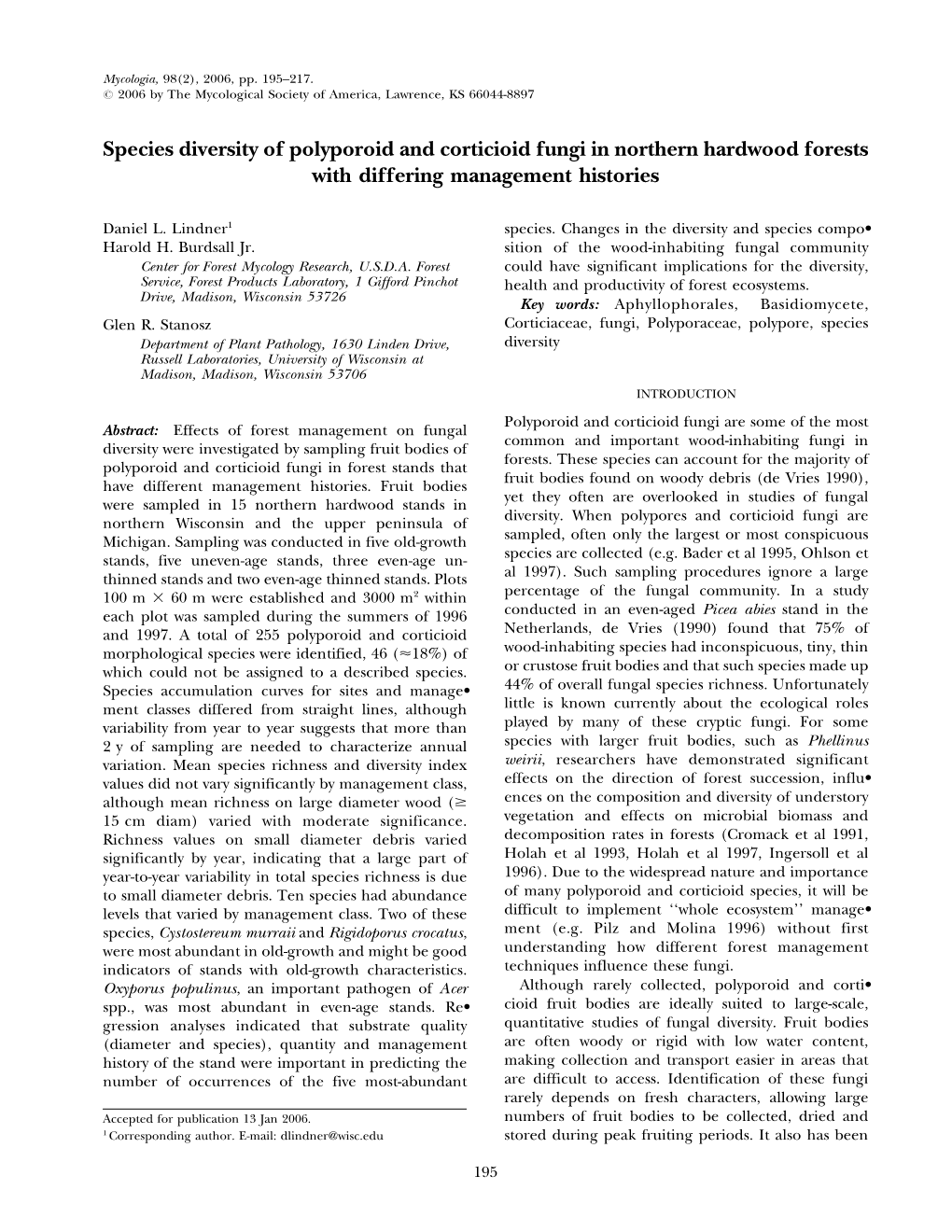 Species Diversity of Polyporoid and Corticioid Fungi in Northern Hardwood Forests with Differing Management Histories