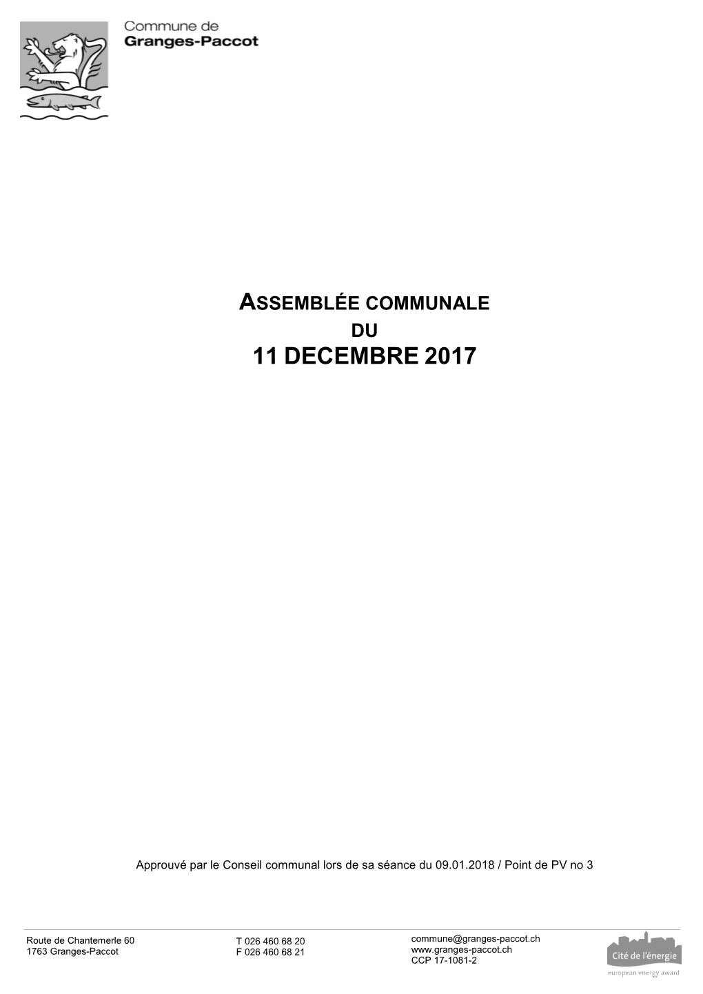 Assemblée Communale Du 11 Decembre 2017