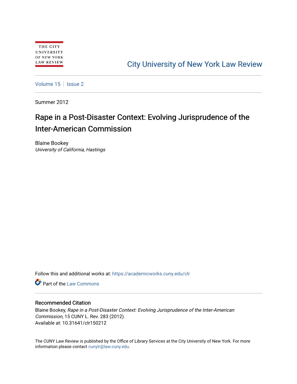 Rape in a Post-Disaster Context: Evolving Jurisprudence of the Inter-American Commission