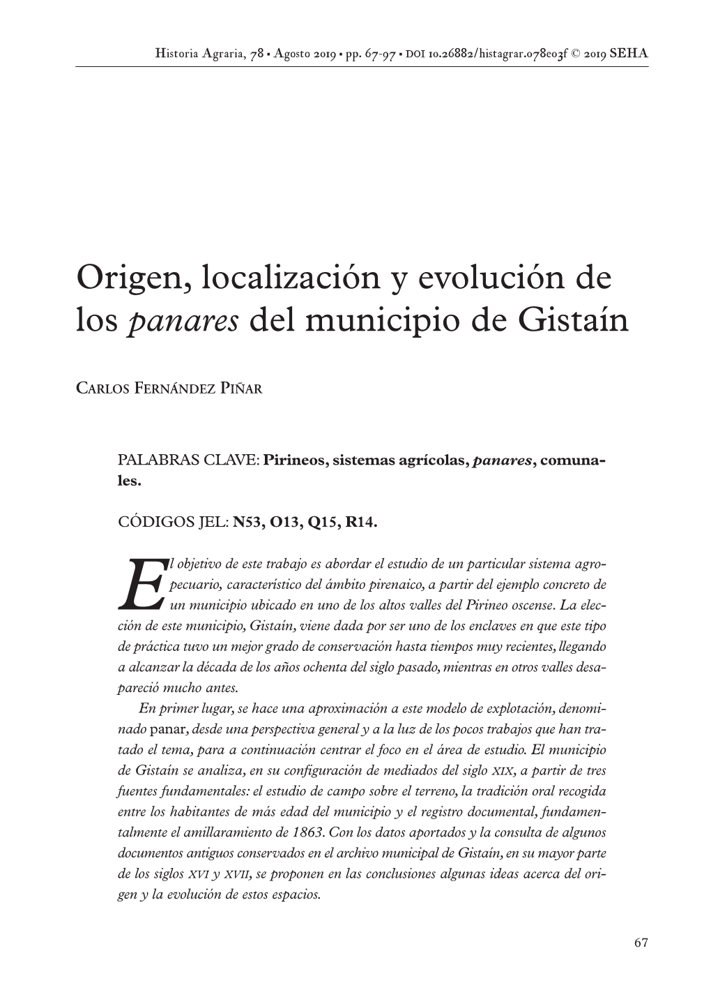 Origen, Localización Y Evolución De Los Panares Del Municipio De Gistaín