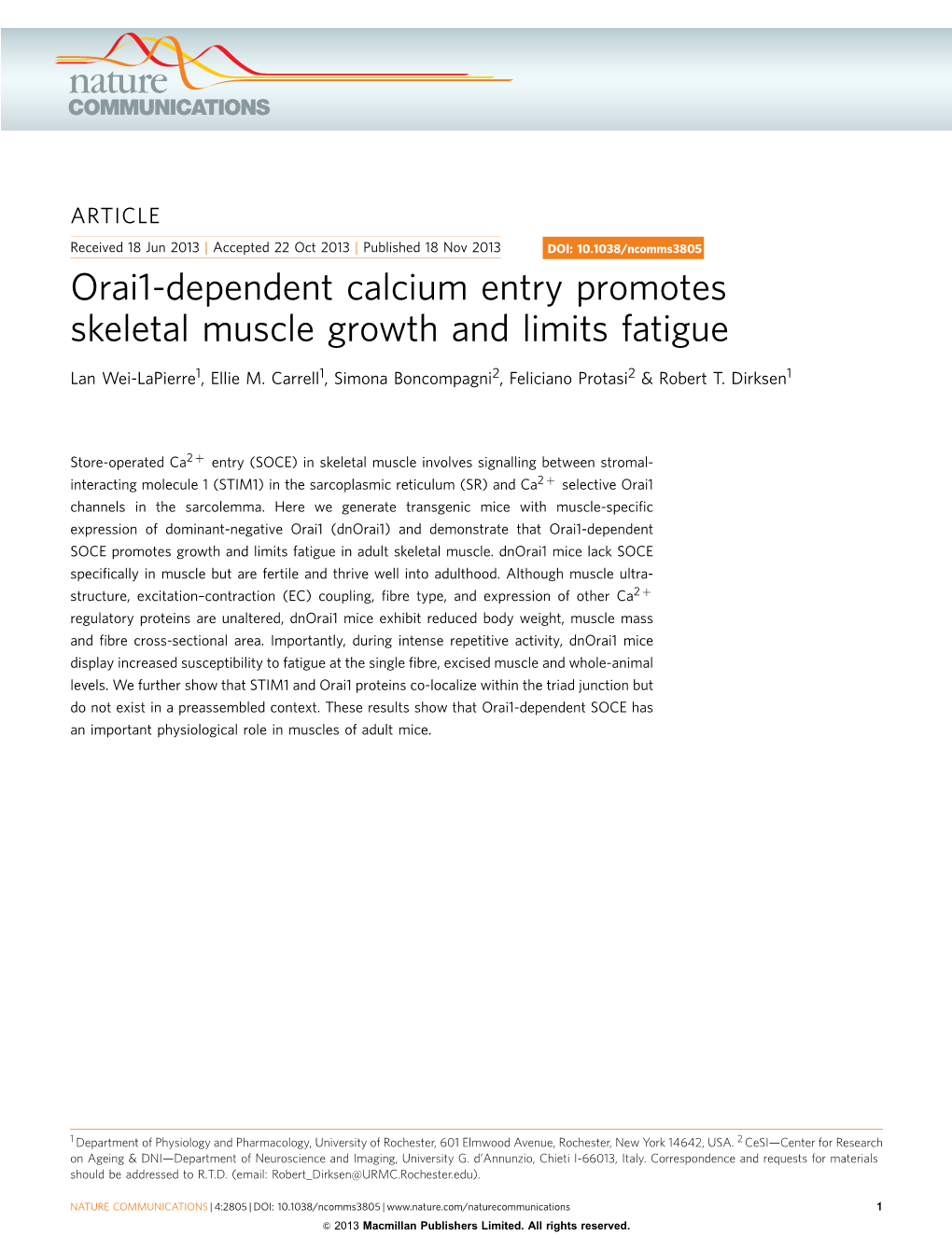 Orai1-Dependent Calcium Entry Promotes Skeletal Muscle Growth and Limits Fatigue