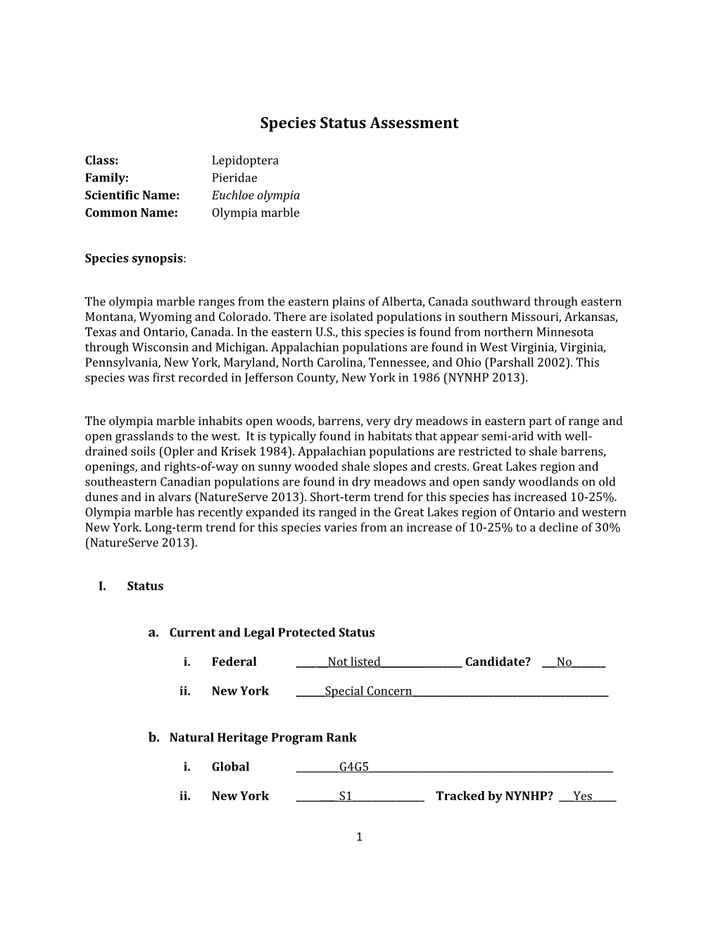 Species Assessment for Olympia Marble