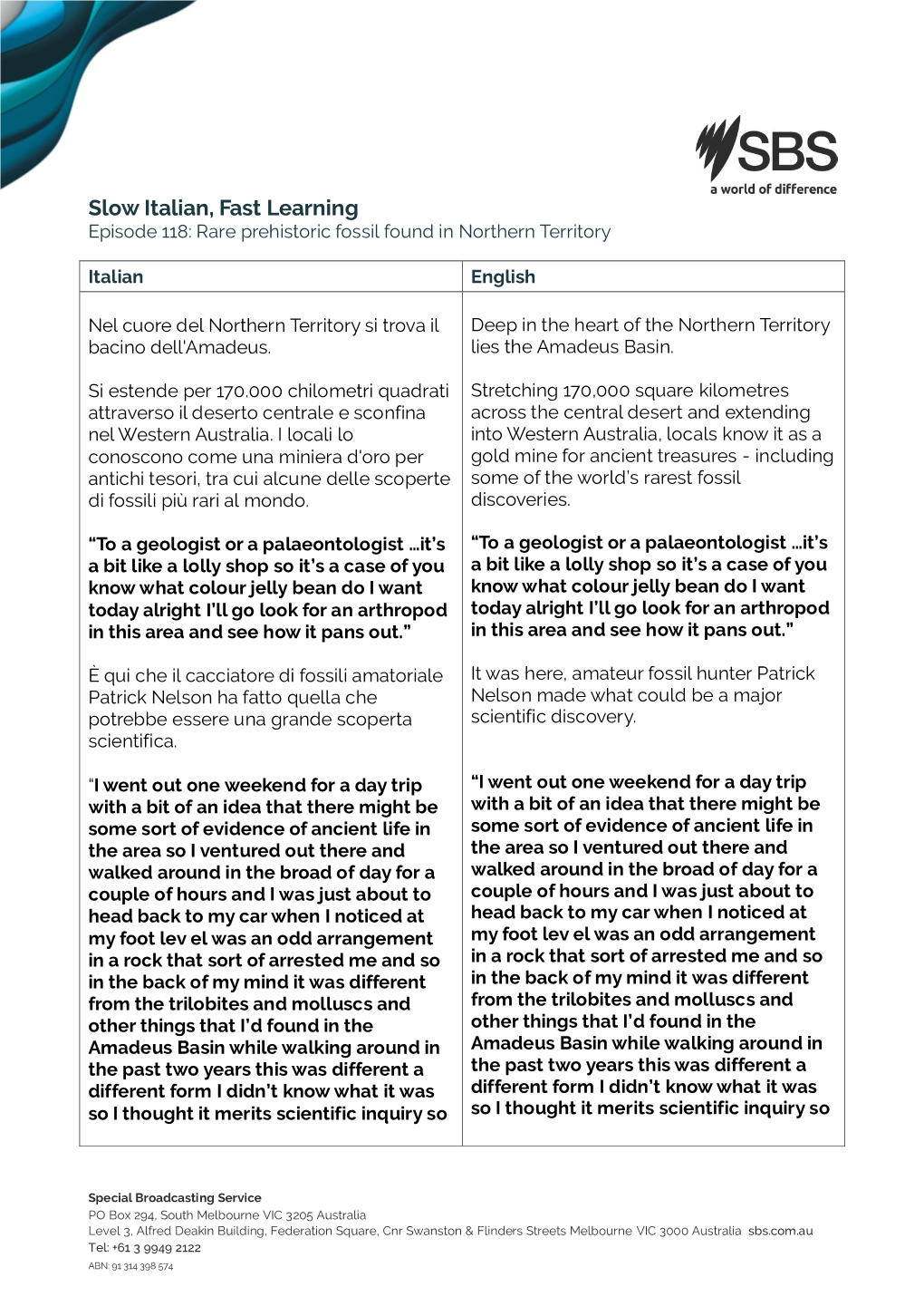 Slow Italian, Fast Learning Episode 118: Rare Prehistoric Fossil Found in Northern Territory