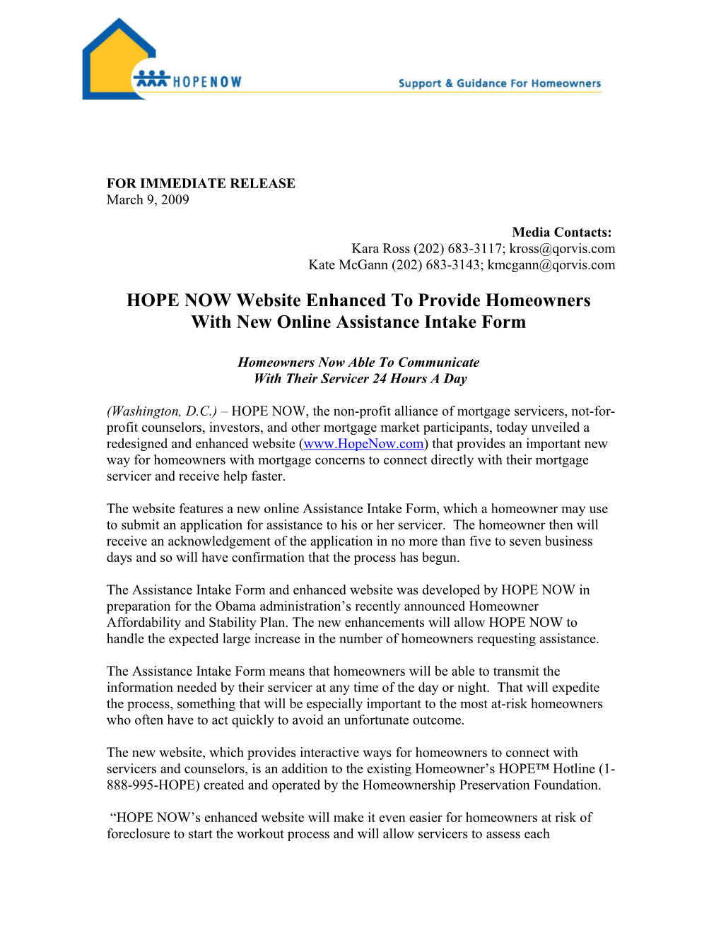 HOPE NOW Website Enhanced to Provide Homeowners