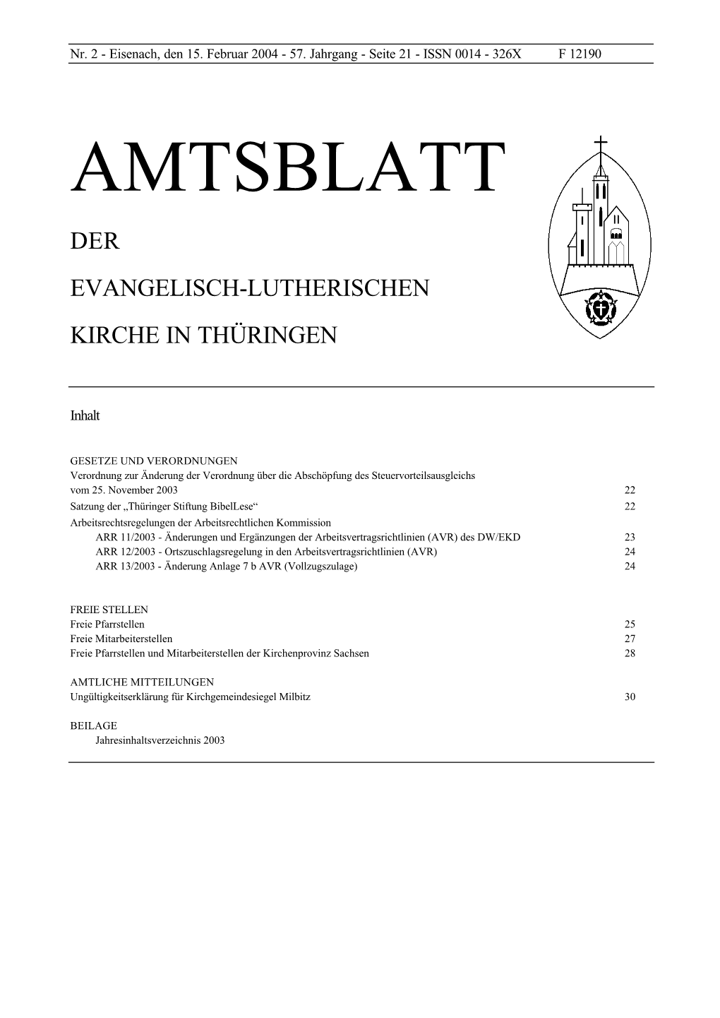 Amtsblatt Der Evangelisch-Lutherischen Kirche in Thüringen