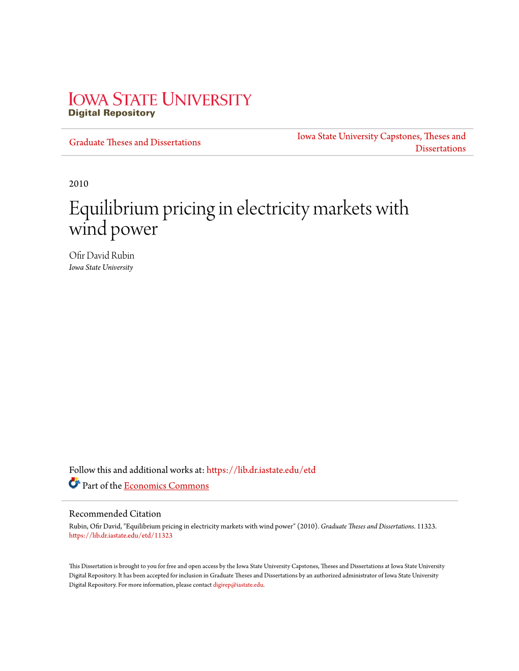 Equilibrium Pricing in Electricity Markets with Wind Power Ofir Ad Vid Rubin Iowa State University