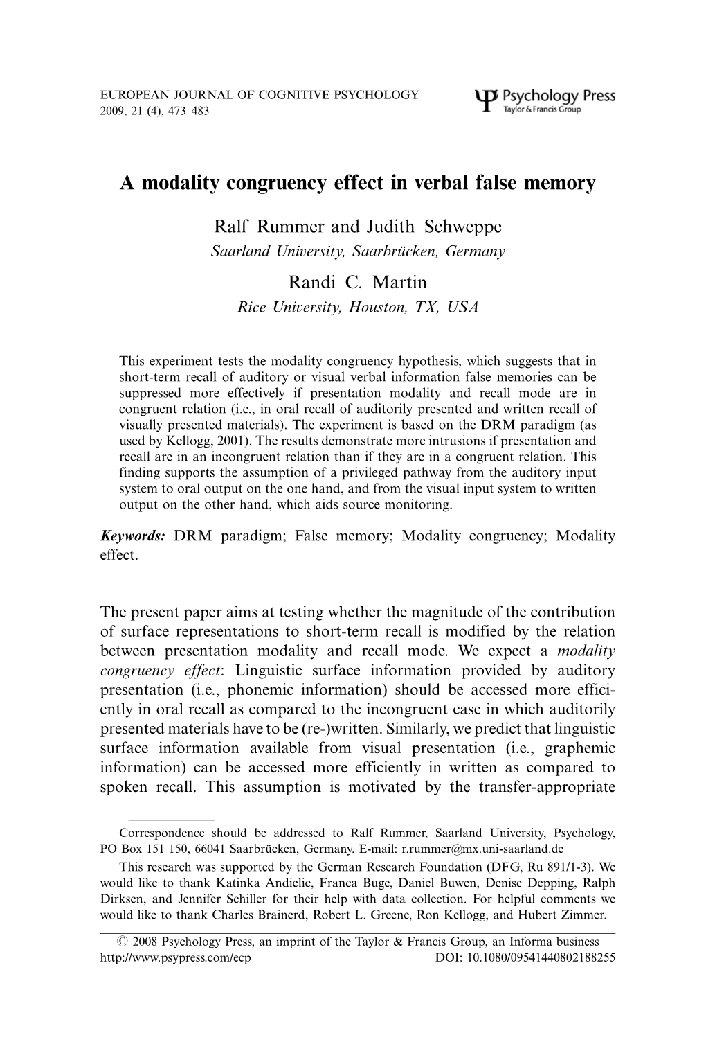 A Modality Congruency Effect in Verbal False Memory