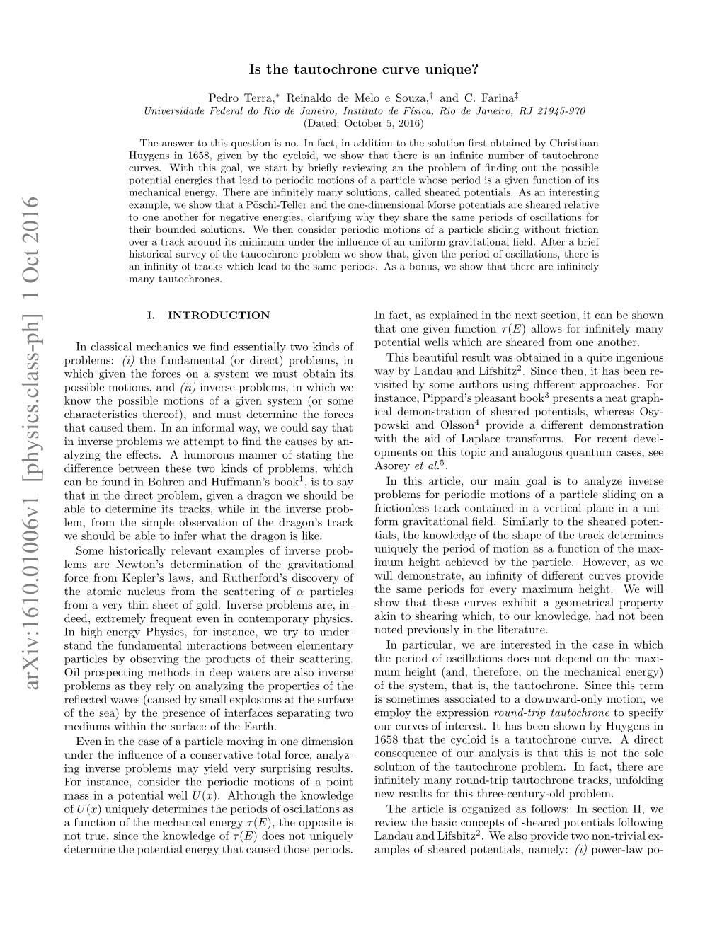 Arxiv:1610.01006V1 [Physics.Class-Ph] 1 Oct 2016 Eemn H Oeta Nryta Asdtoeperiods