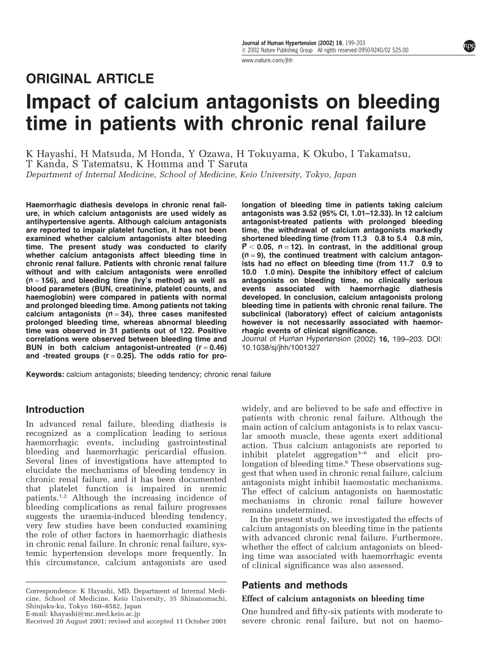 Impact of Calcium Antagonists on Bleeding Time in Patients with Chronic Renal Failure