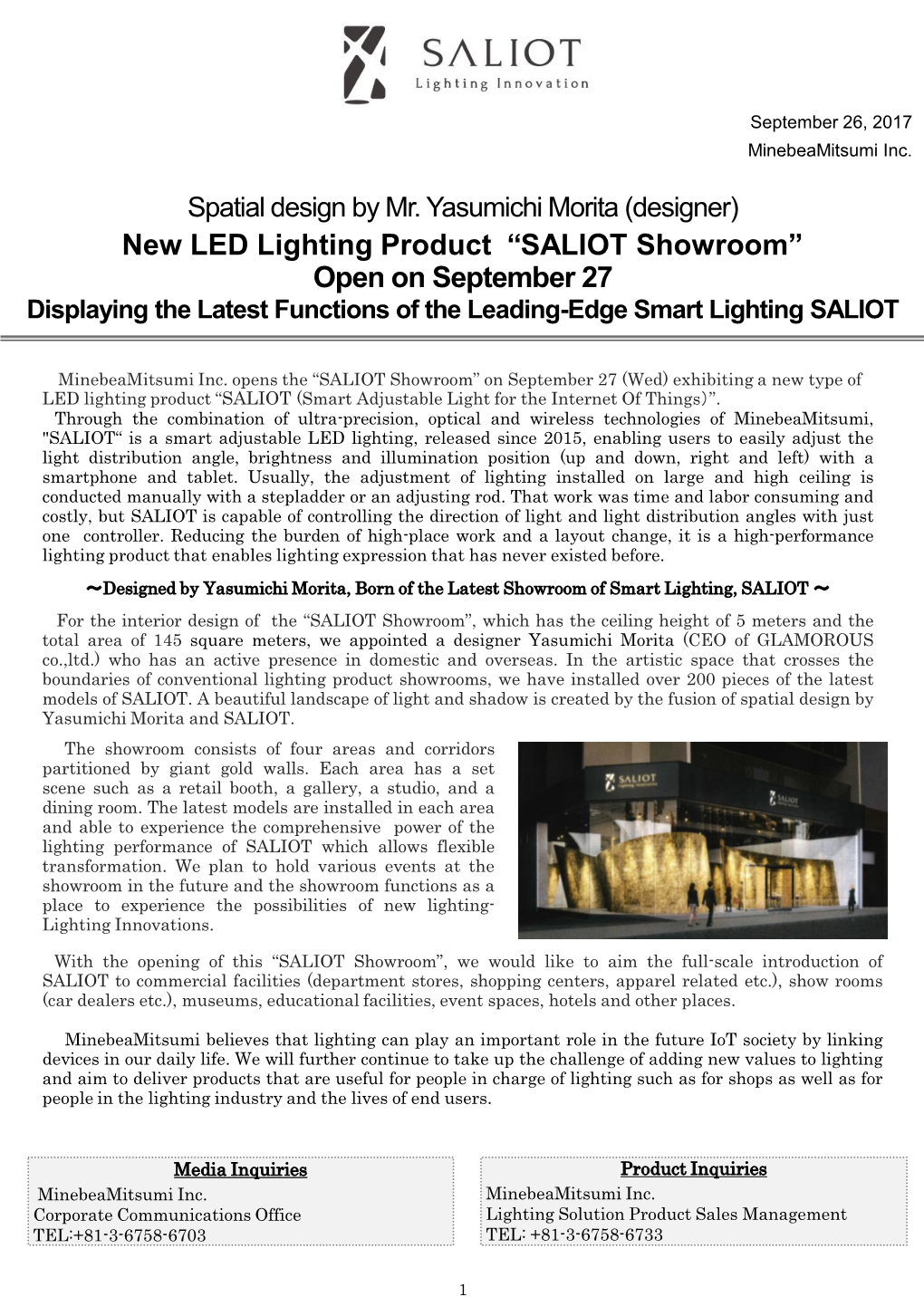 New LED Lighting Product “SALIOT Showroom” Open on September 27 Displaying the Latest Functions of the Leading-Edge Smart Lighting SALIOT