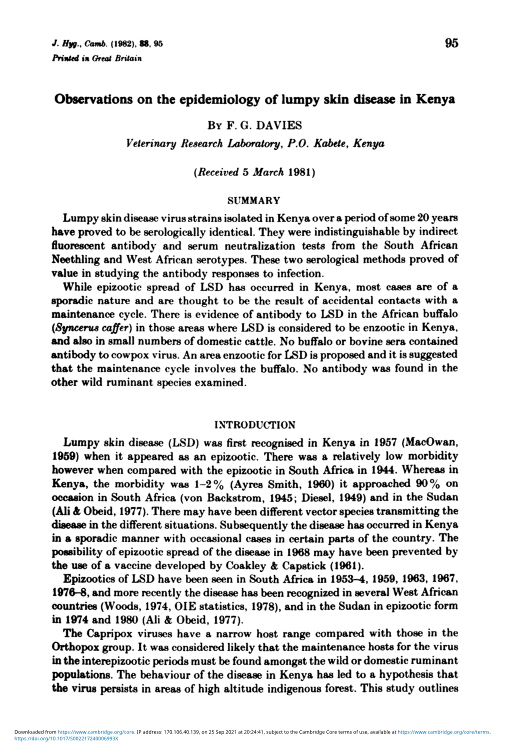 Observations on the Epidemiology of Lumpy Skin Disease in Kenya