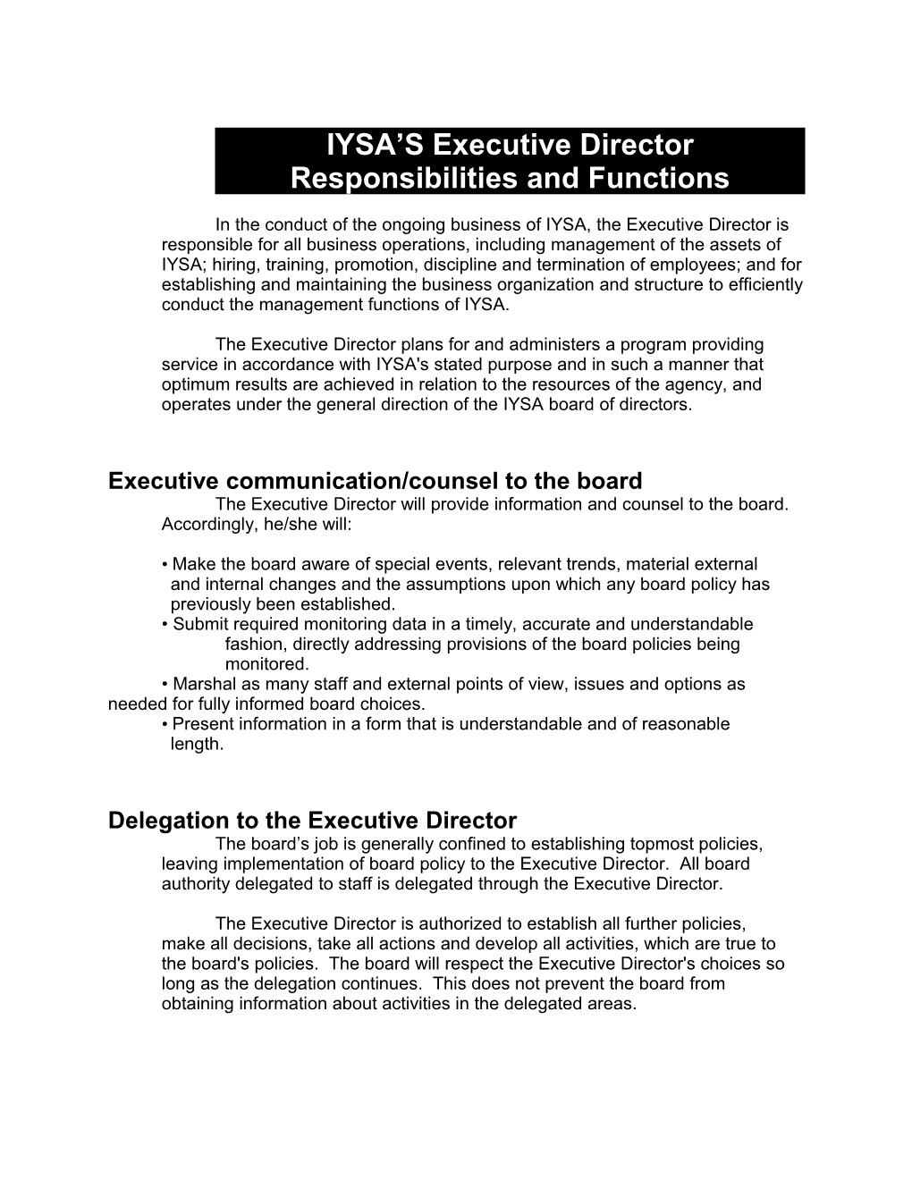 Executive Director Responsibilities and Functions