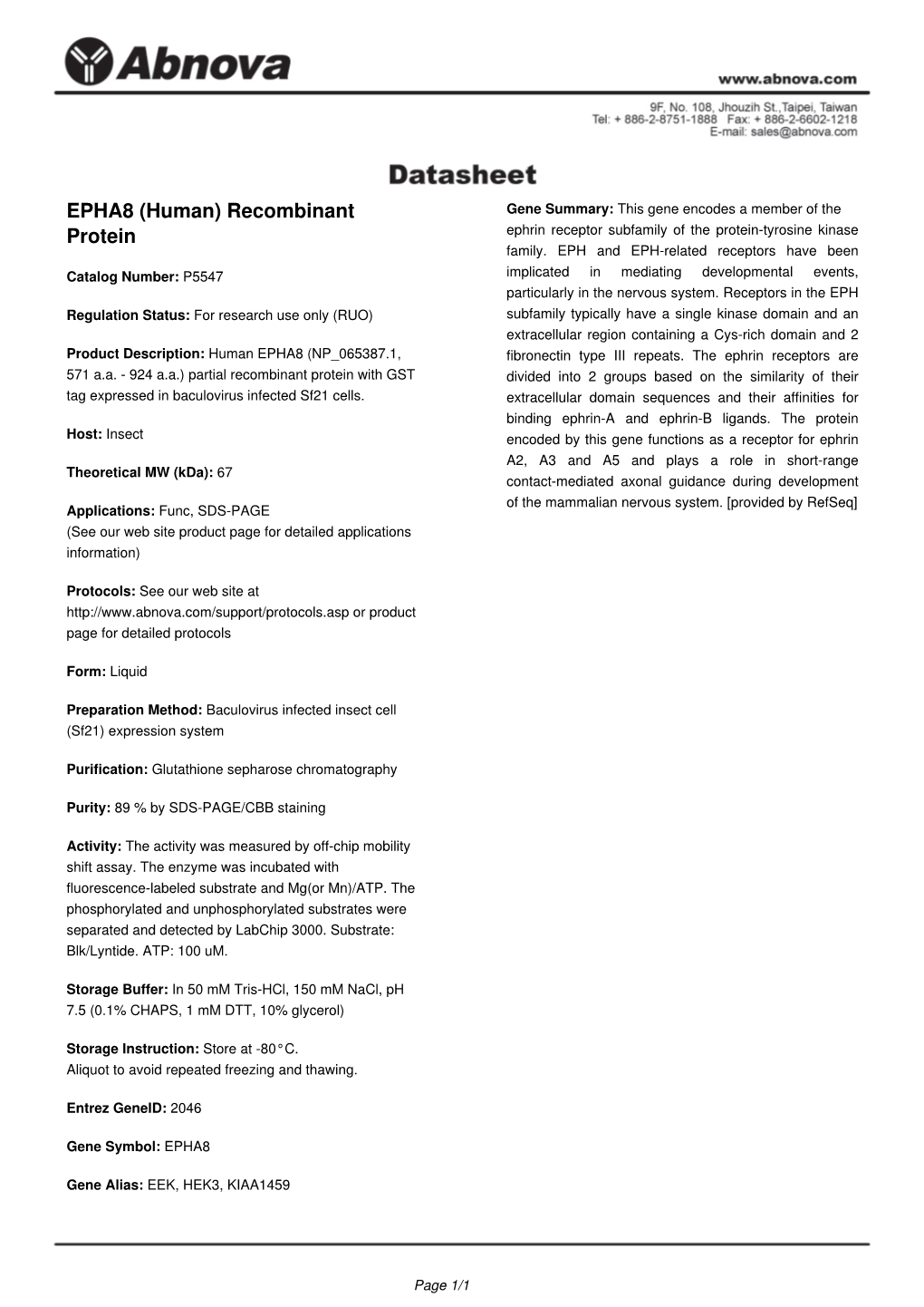 EPHA8 (Human) Recombinant Protein