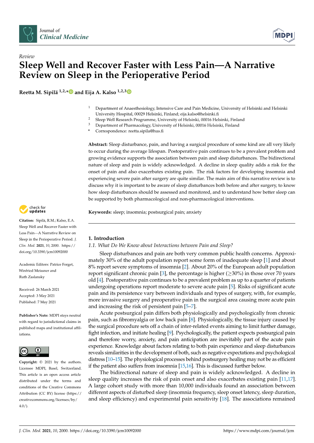 Sleep Well and Recover Faster with Less Pain—A Narrative Review on Sleep in the Perioperative Period