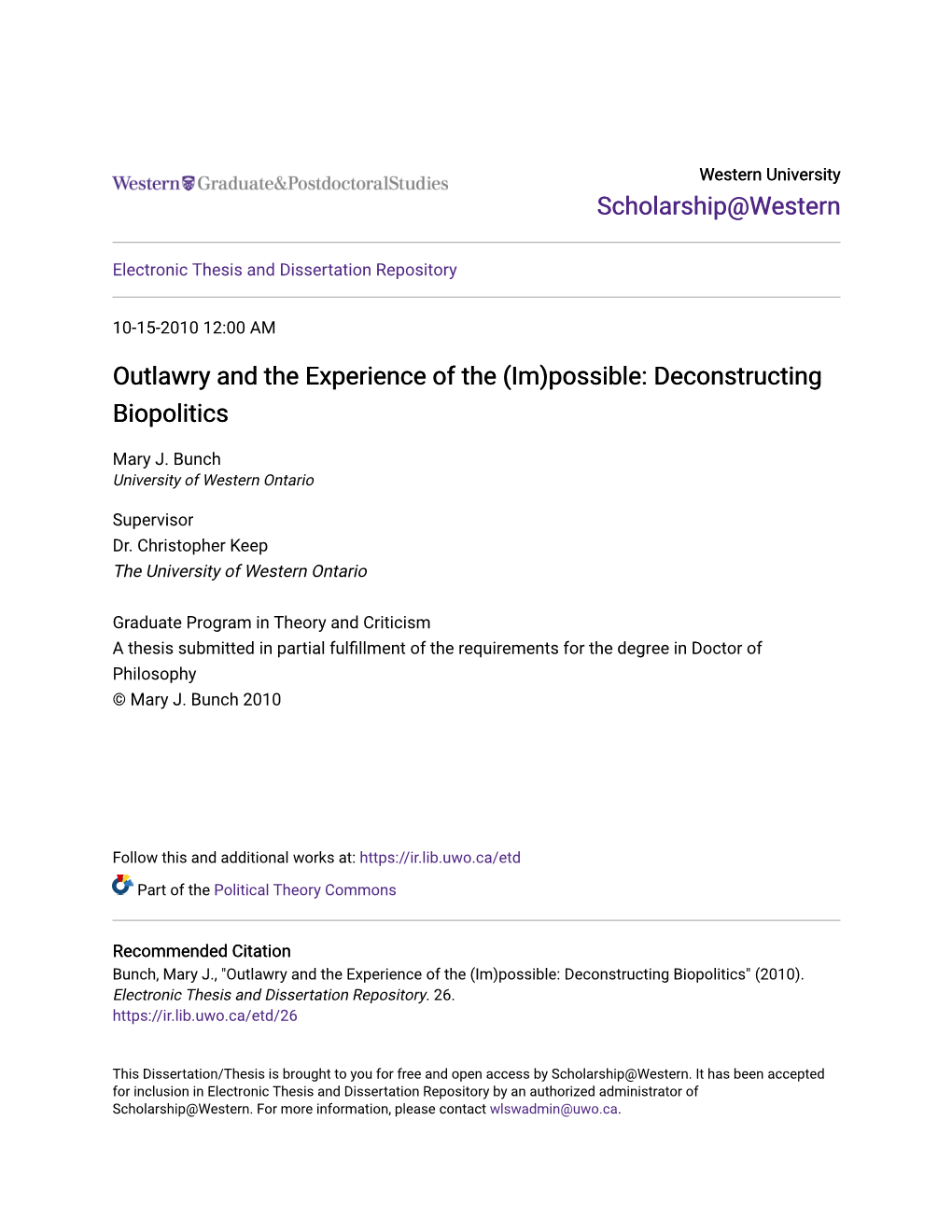 Outlawry and the Experience of the (Im)Possible: Deconstructing Biopolitics