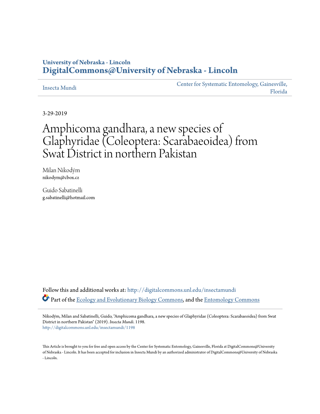 Amphicoma Gandhara, a New Species of Glaphyridae (Coleoptera: Scarabaeoidea) from Swat District in Northern Pakistan Milan Nikodým Nikodym@Cbox.Cz