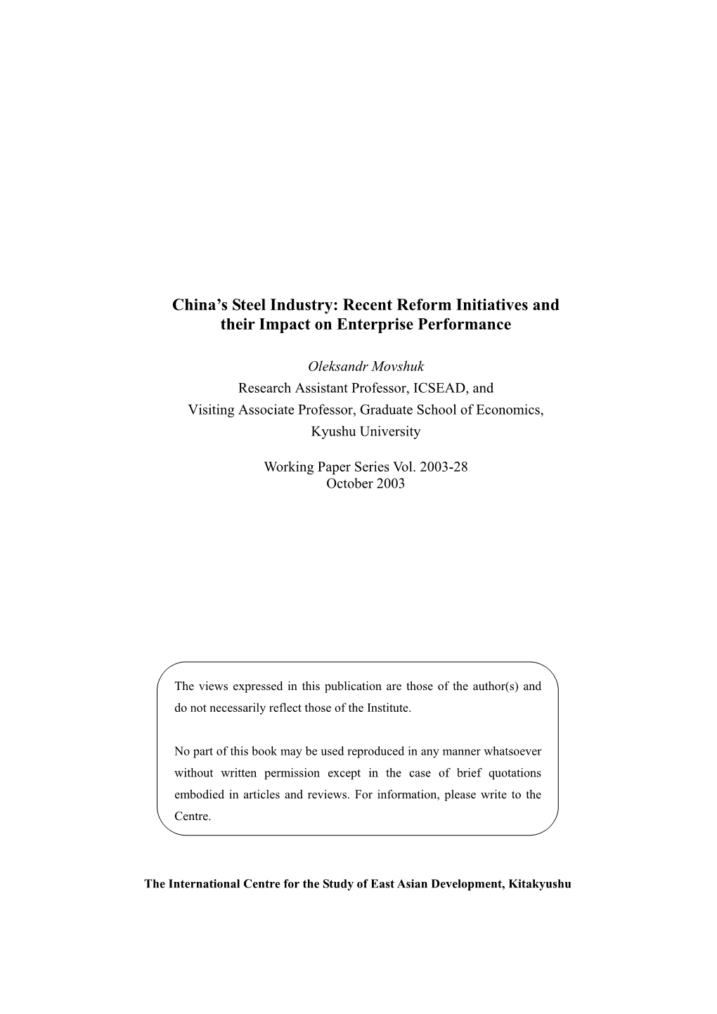China's Steel Industry: Recent Reform Initiatives and Their Impact On