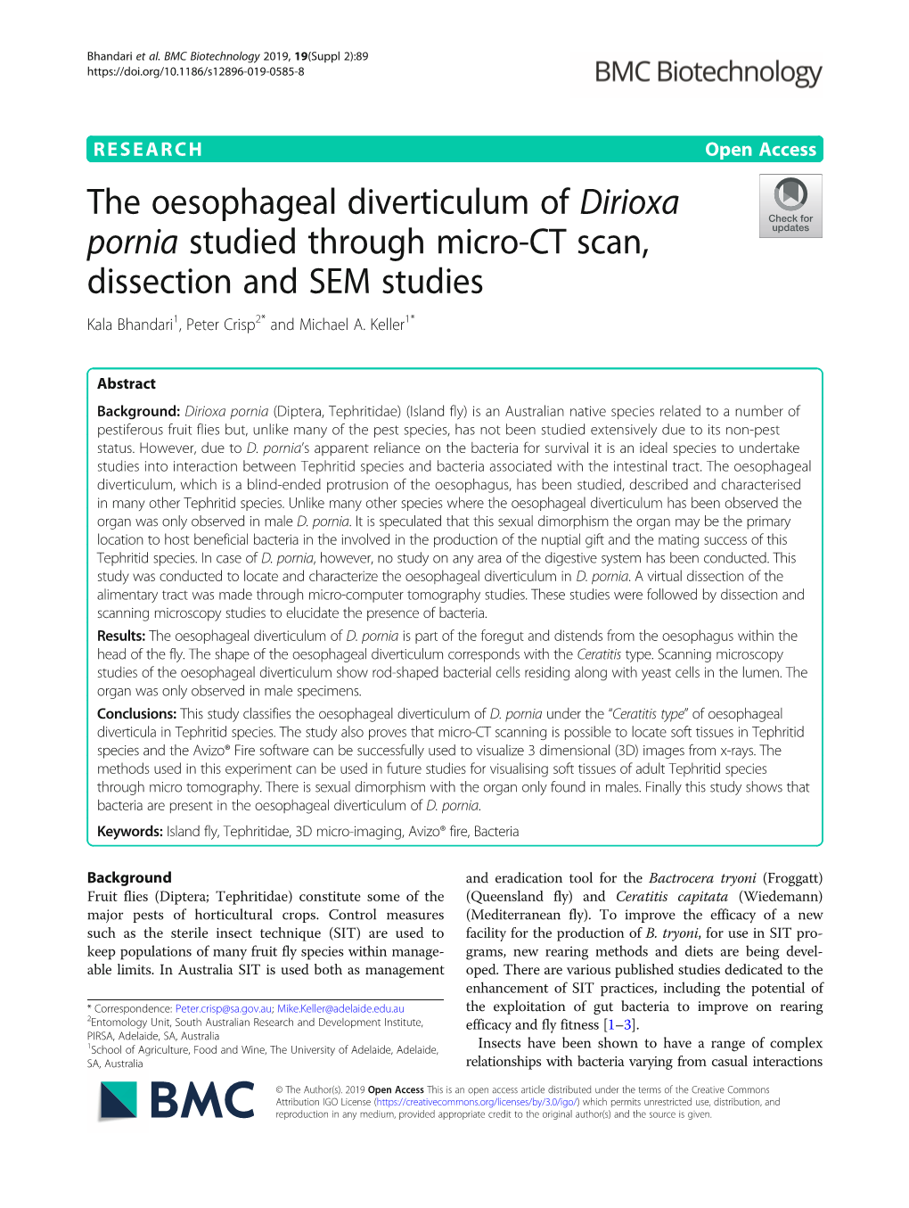 The Oesophageal Diverticulum of Dirioxa Pornia Studied Through Micro-CT Scan, Dissection and SEM Studies Kala Bhandari1, Peter Crisp2* and Michael A