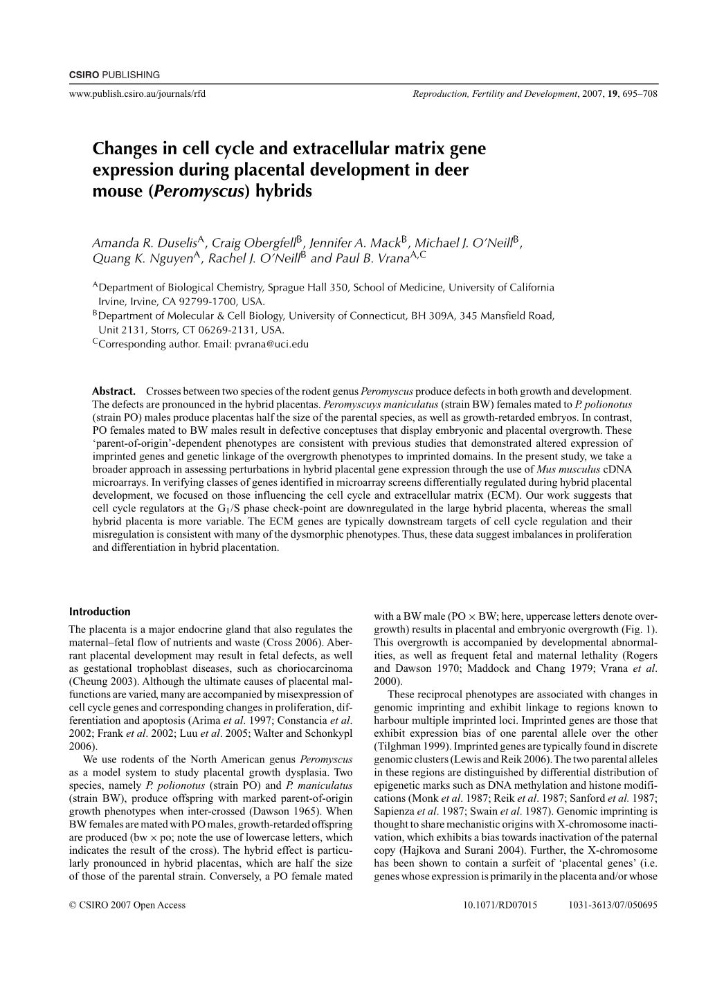 Changes in Cell Cycle and Extracellular Matrix Gene Expression During Placental Development in Deer Mouse (Peromyscus) Hybrids