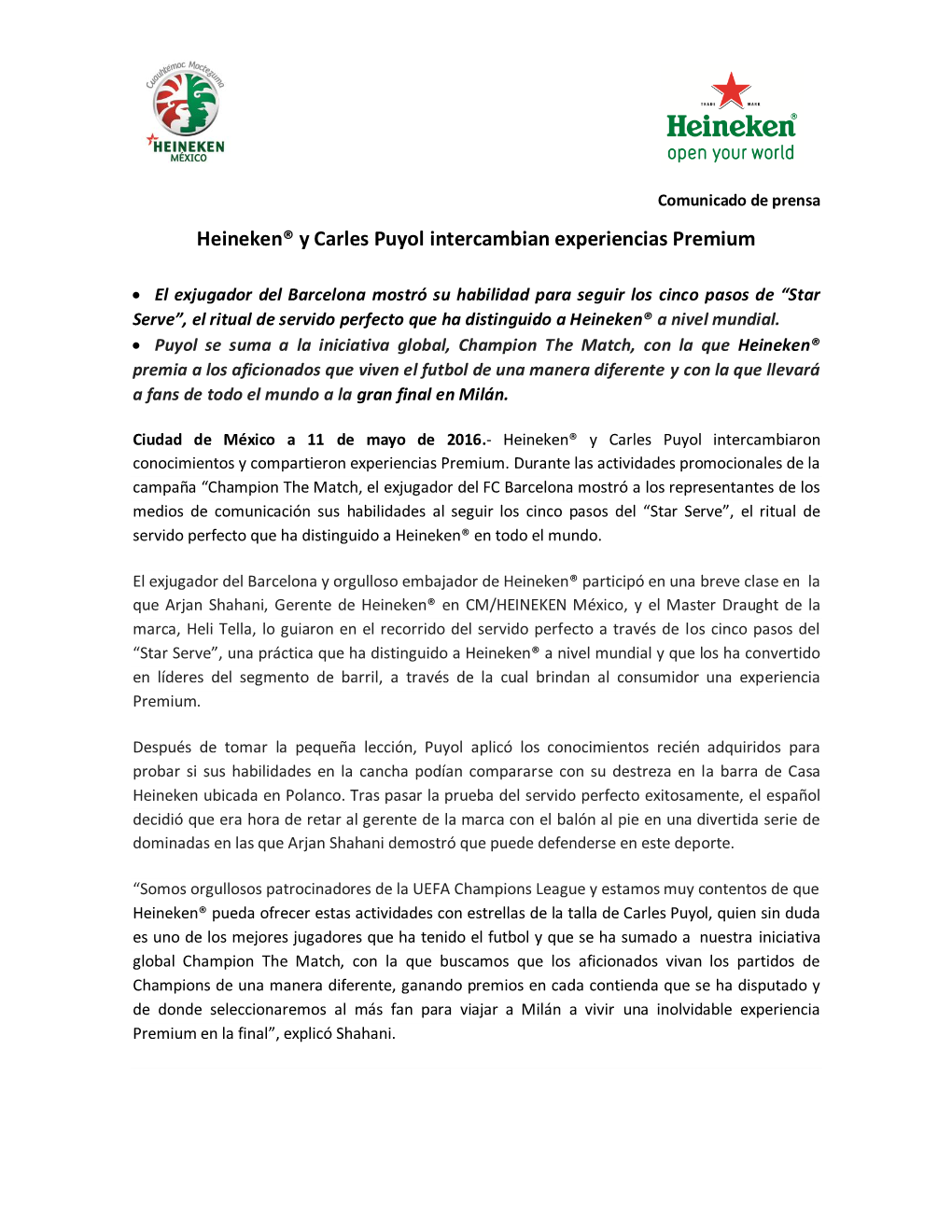Heineken® Y Carles Puyol Intercambian Experiencias Premium