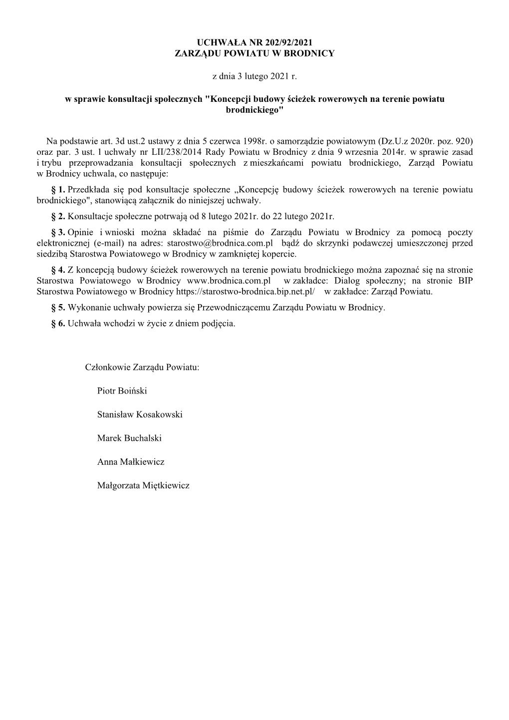 Uchwała Nr 202/92/2021 Zarządu Powiatu W Brodnicy