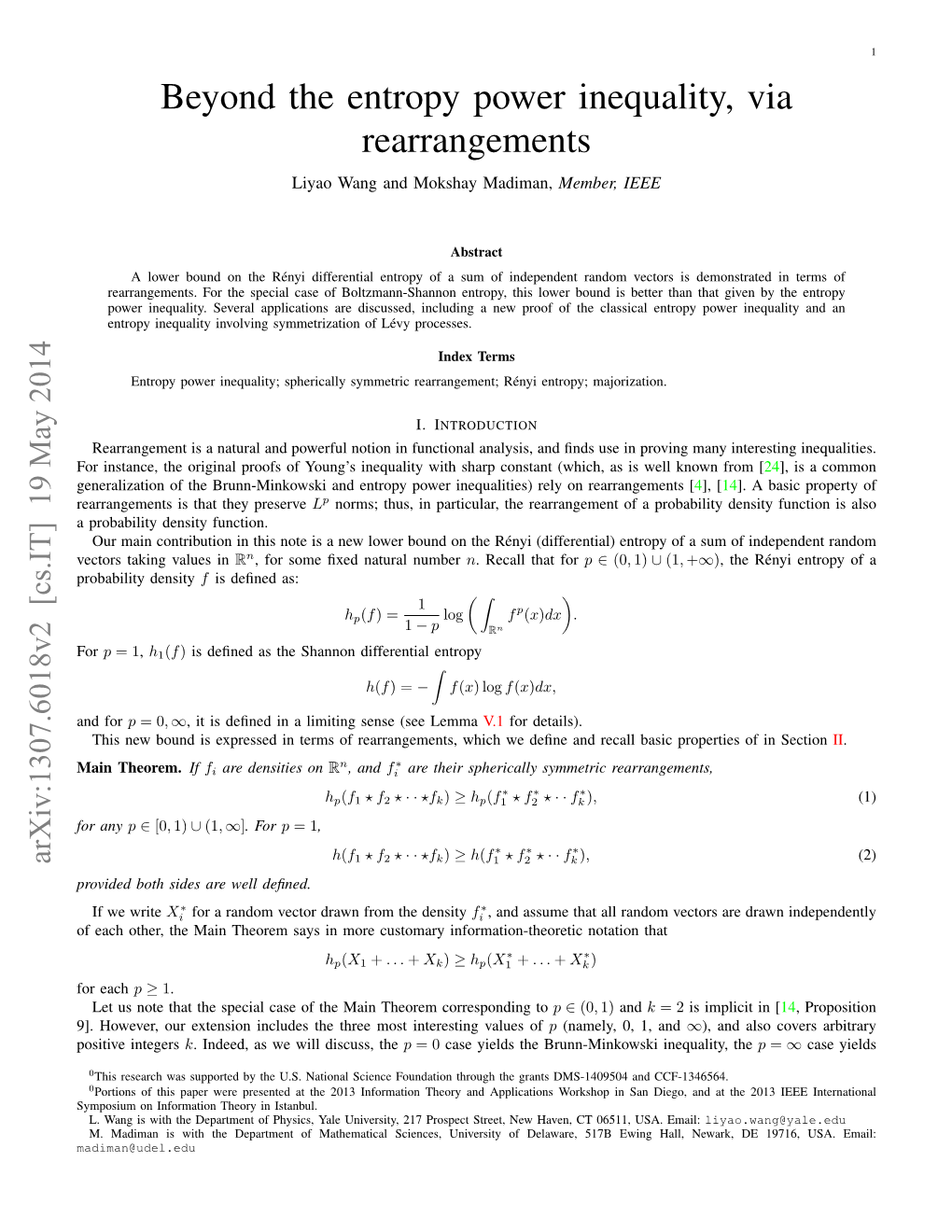 Beyond the Entropy Power Inequality, Via Rearrangements Liyao Wang and Mokshay Madiman, Member, IEEE