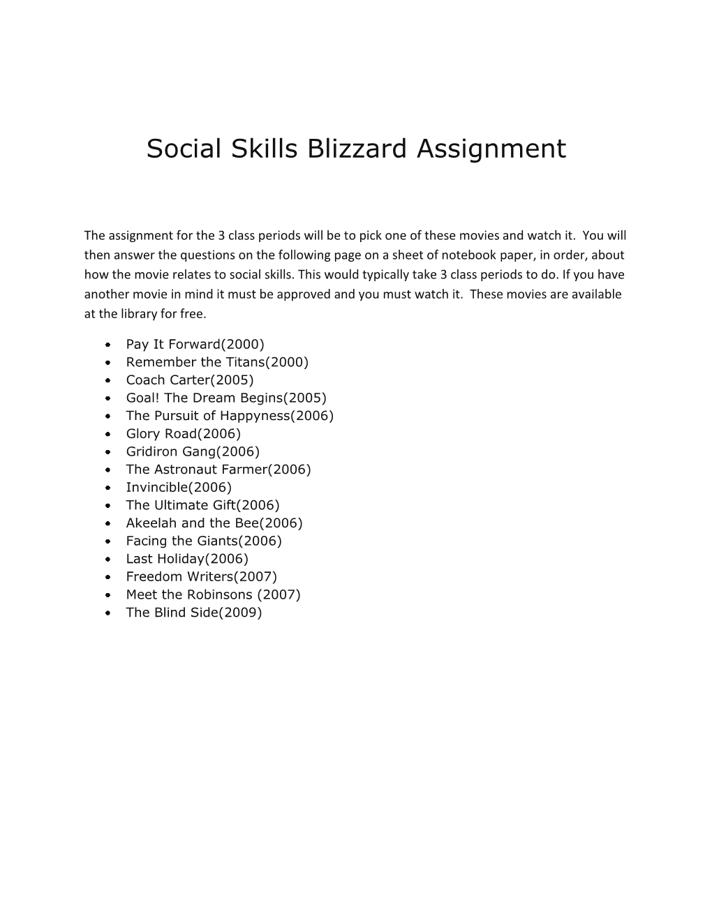 Social Skills Blizzard Assignment