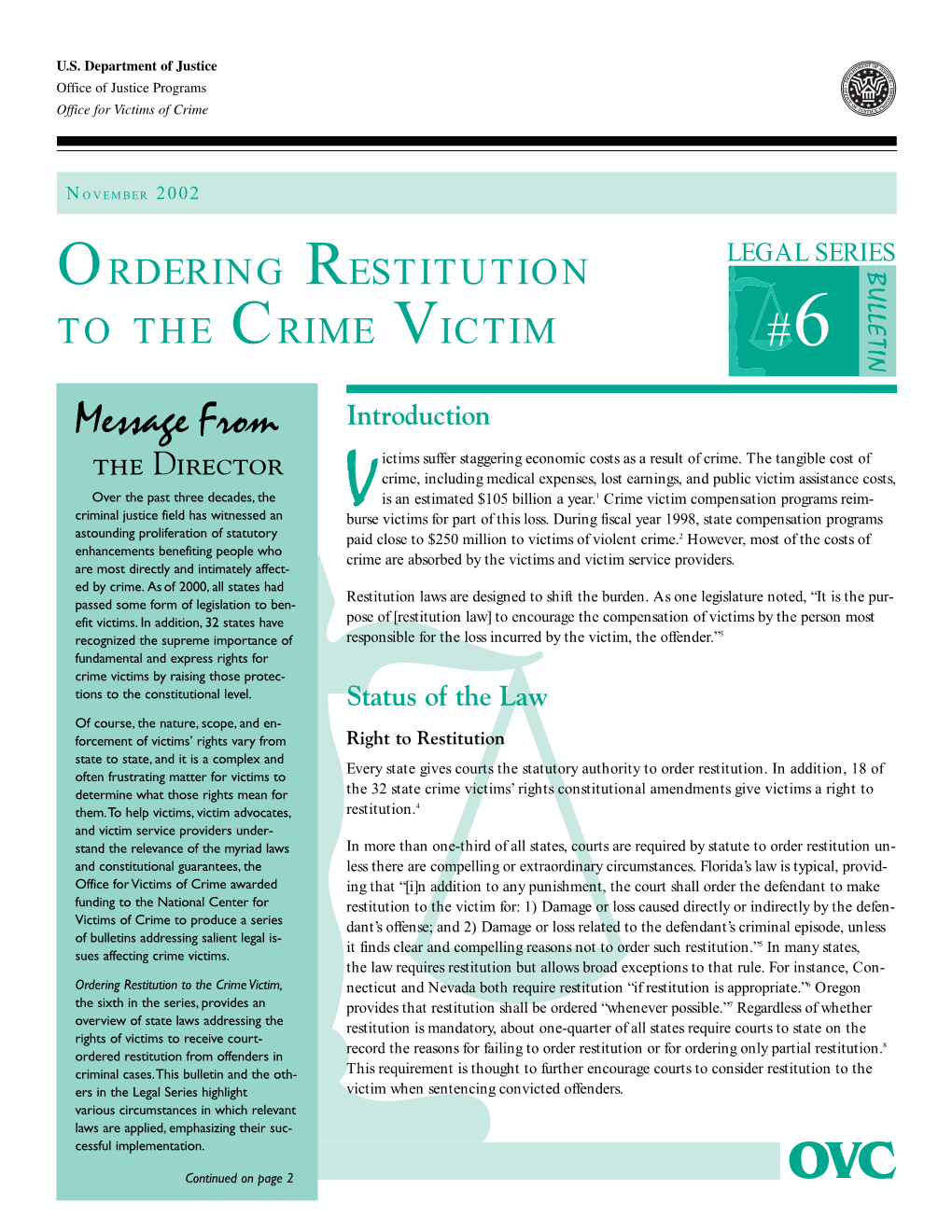 Legal Series Bulletin #6: Ordering Restitution to the Crime Victim